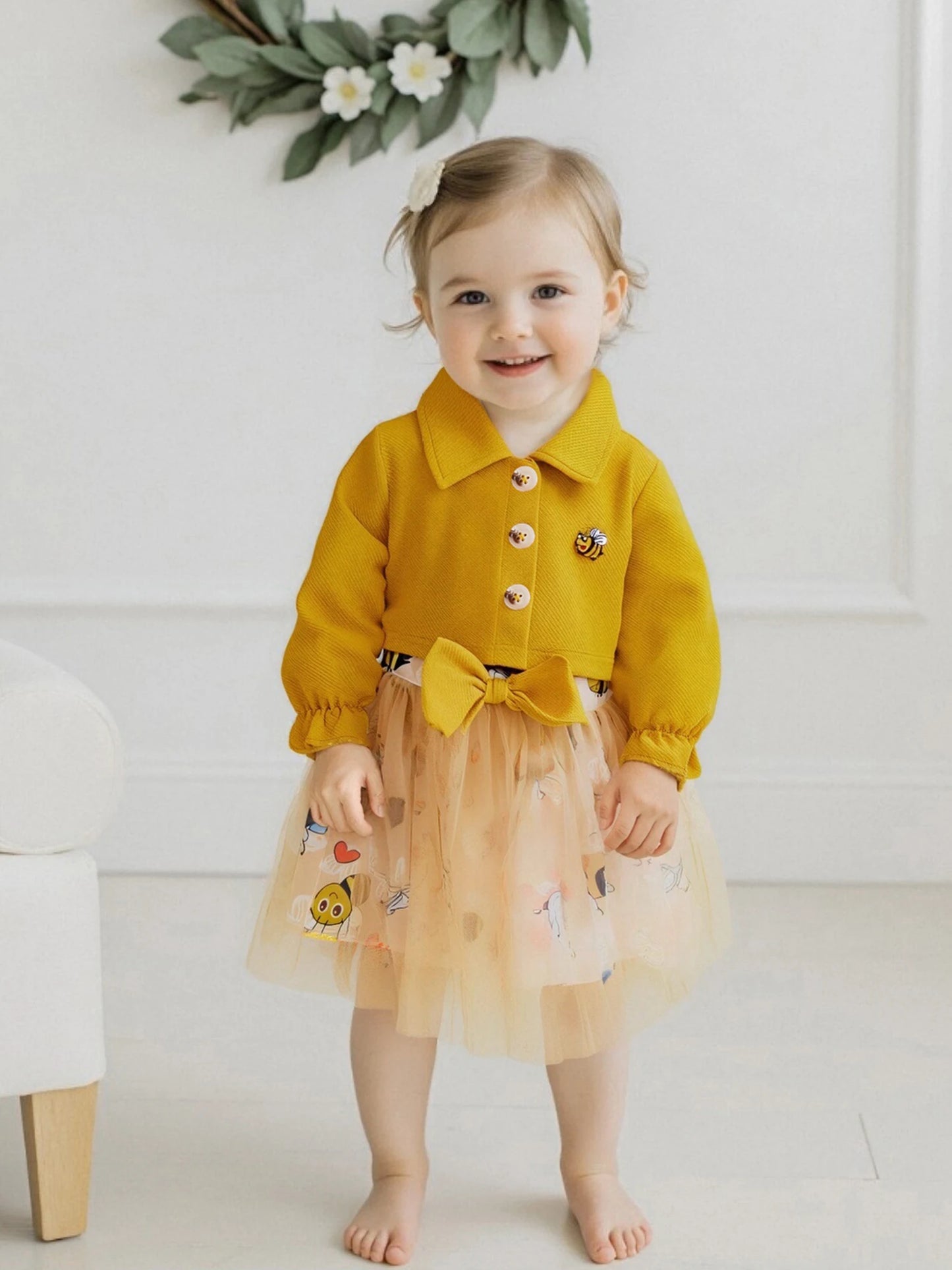 Cute Toddler Girl Winter Outfits Floral Print Hooded Coat Sleeveless Knit Sweater Dress with Pom Pom Detail