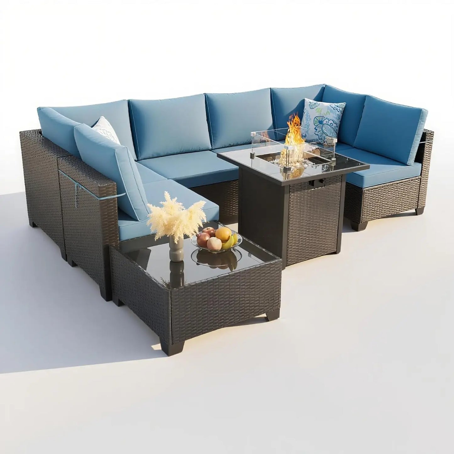 Patio Furniture Set With Fire Pit Table, 8 Piece Wicker Outdoor Sectional Set With Thick Cushions, Patio Sofa For, Customized