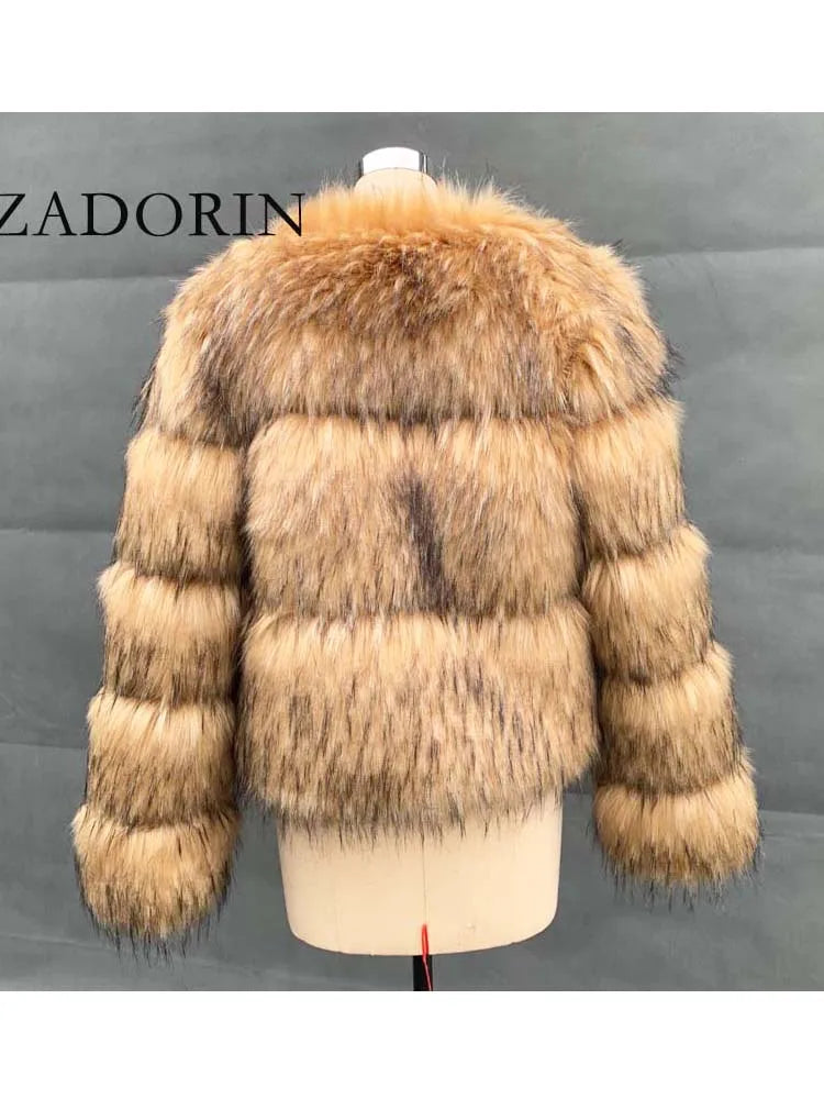 ZADORIN Woman Fashion Faux Raccoon Fur Coat Luxury Short Warm Fur Top Furry Jacket Women Winter Plush Fluffy Fur Coats for Woman