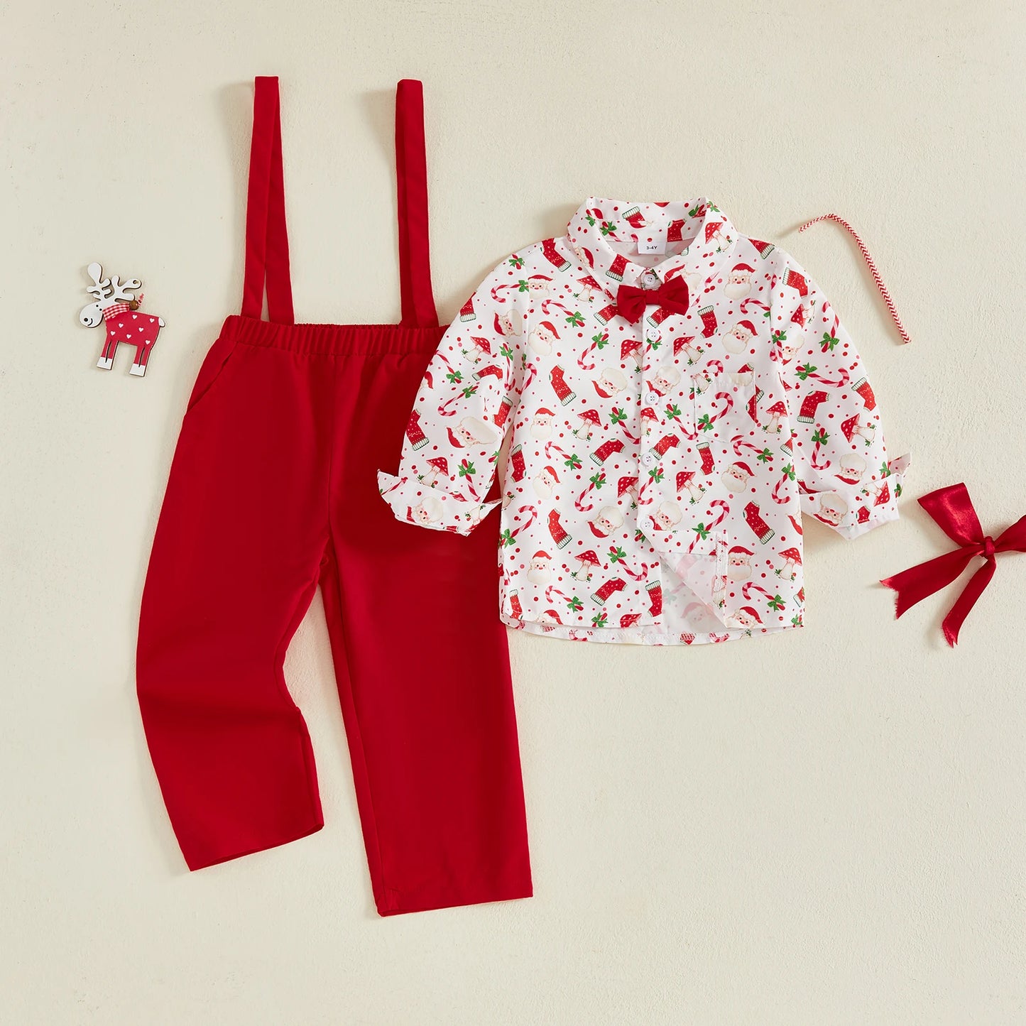 Toddler Baby Boys Clothes Set Christmas Gingerbread Pattern Long Sleeve Lapel Shirt Solid Color Overalls Pants 2Pcs Outfits