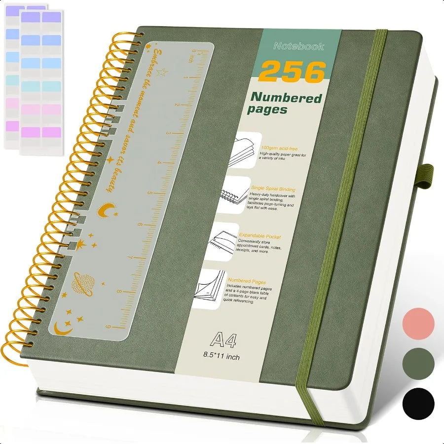 A4 Spiral Notebook Journal 8.5 x 11 256 Numbered Pages Hardcover Leather Journals for Women Men Large Lined College Ruled Noteb