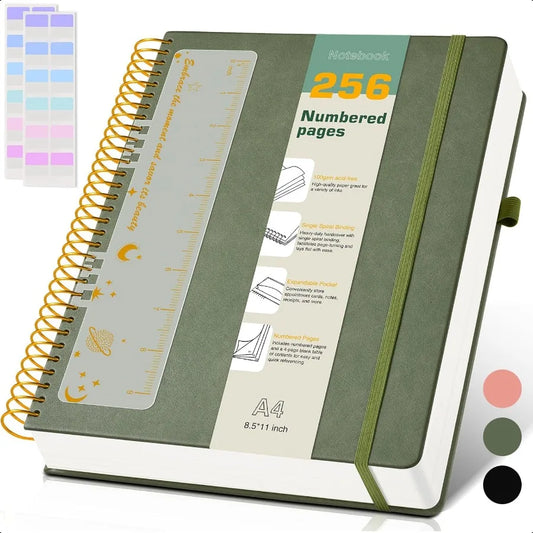 A4 Spiral Notebook Journal 8.5 x 11 256 Numbered Pages Hardcover Leather Journals for Women Men Large Lined College Ruled Noteb
