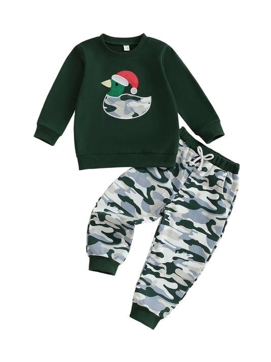 Infant Boys 2-Piece Outfit Set with Festive Duck Embroidery Sweater and Camo Pants for Christmas Celebrations