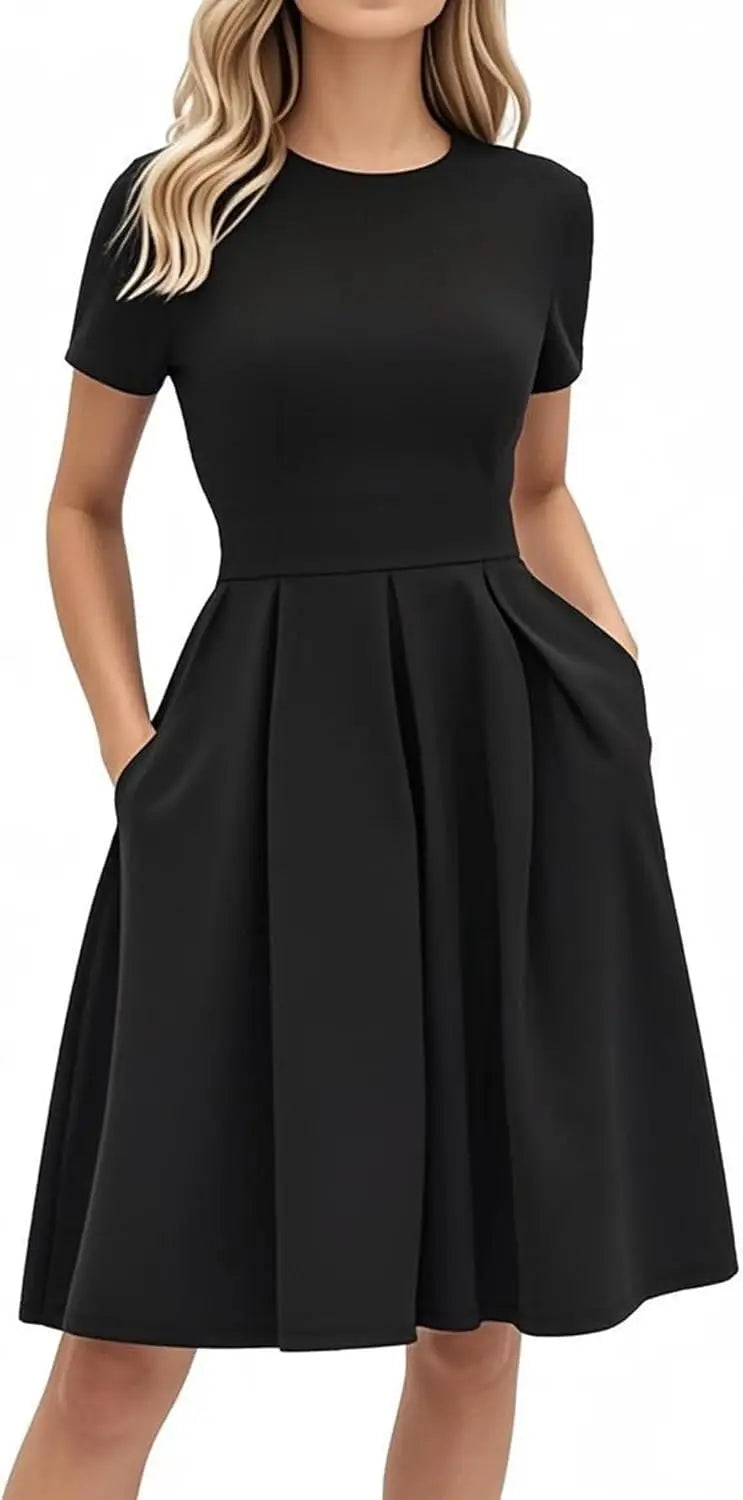 Red A-Line Short Sleeve Dress with Pockets for Women, Summer Party Church Bridesmaid Graduation Occasion