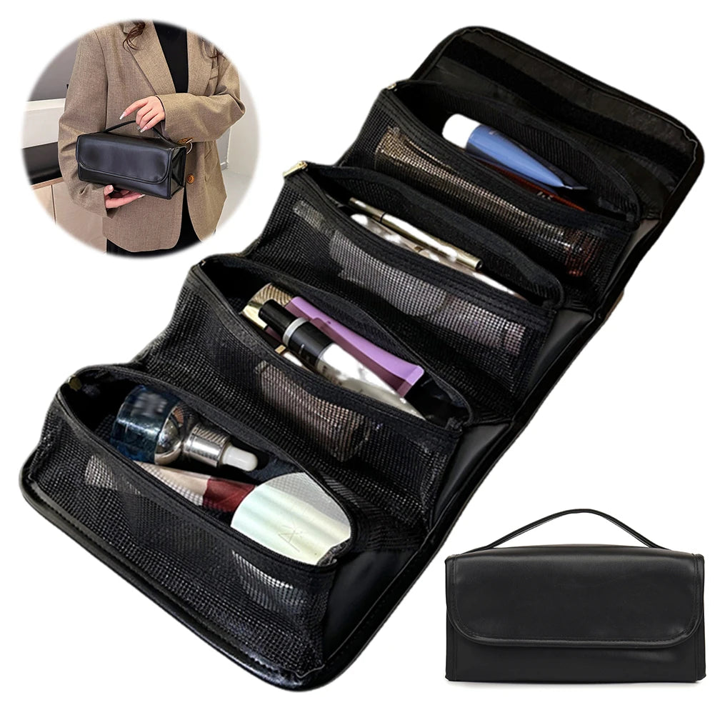 4 In 1 Foldable Makeup Bag PU Leather Cosmetic Bag Waterproof Travel Toiletry Bag Detachable Makeup Storage Bag for Women and Girls