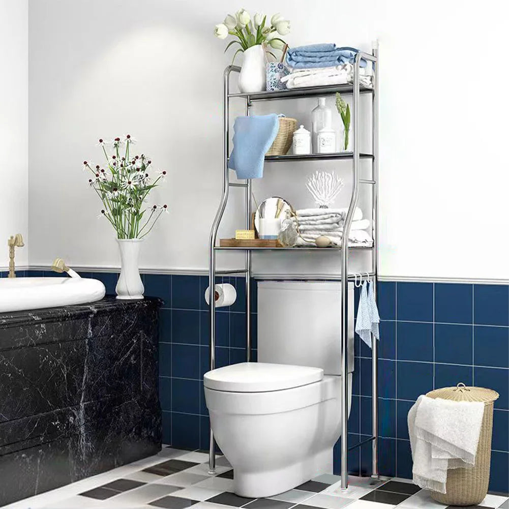 Over The Toilet Storage Metal Organizer Rack With Towel Hooks And Paper Holder Three Tier Bathroom Shelf