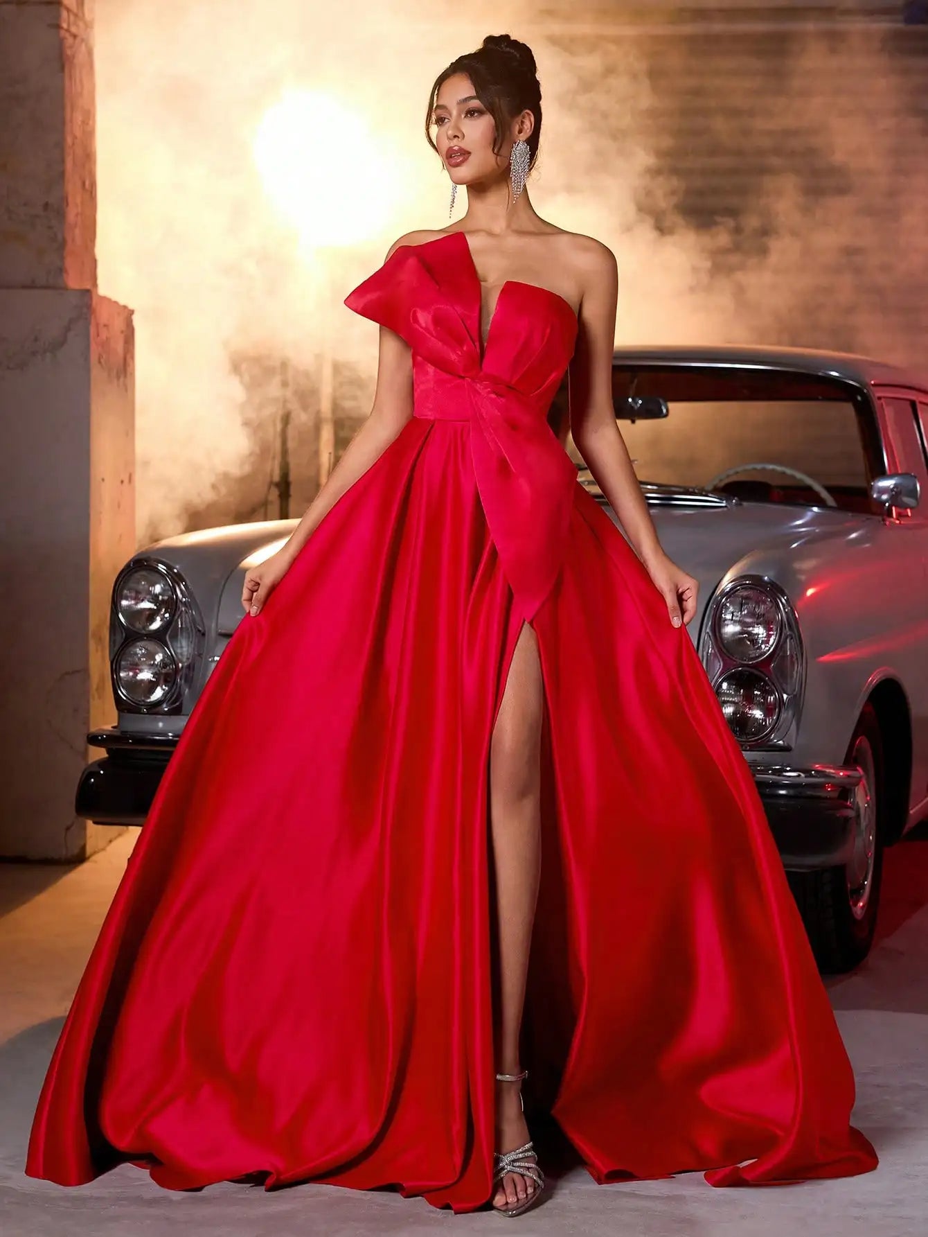 Red Satin One-Shoulder Maxi Dress with Large Bow & High Slit for Weddings, Parties, Evening Events