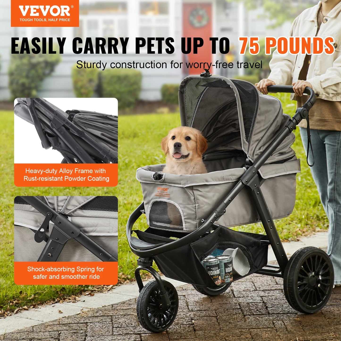VEVOR Lightweight Pet Stroller Carrier for Dogs and Cats with Brakes Travel Friendly Design and Cup Holder