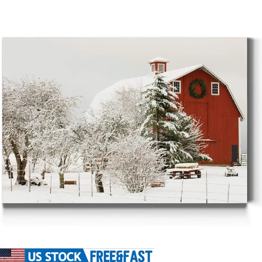 Canvas Wall Art Snow Covered Red Barn Modern Home Decor High Quality Prints Gallery Wrapped Easy Mounting Ideal Gift Made in USA