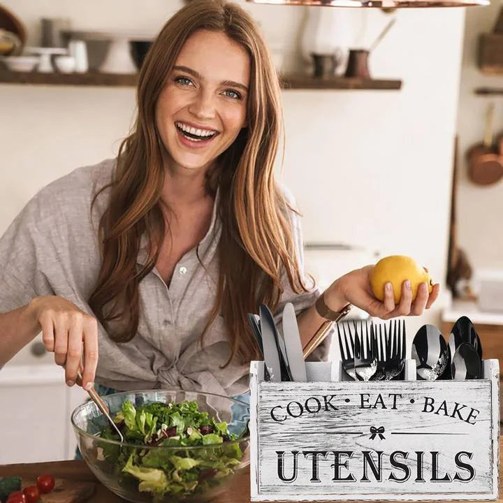 5 Pieces Set Wooden Cutlery Box with Compartments for Kitchen Counter Storage Fork and Spoon