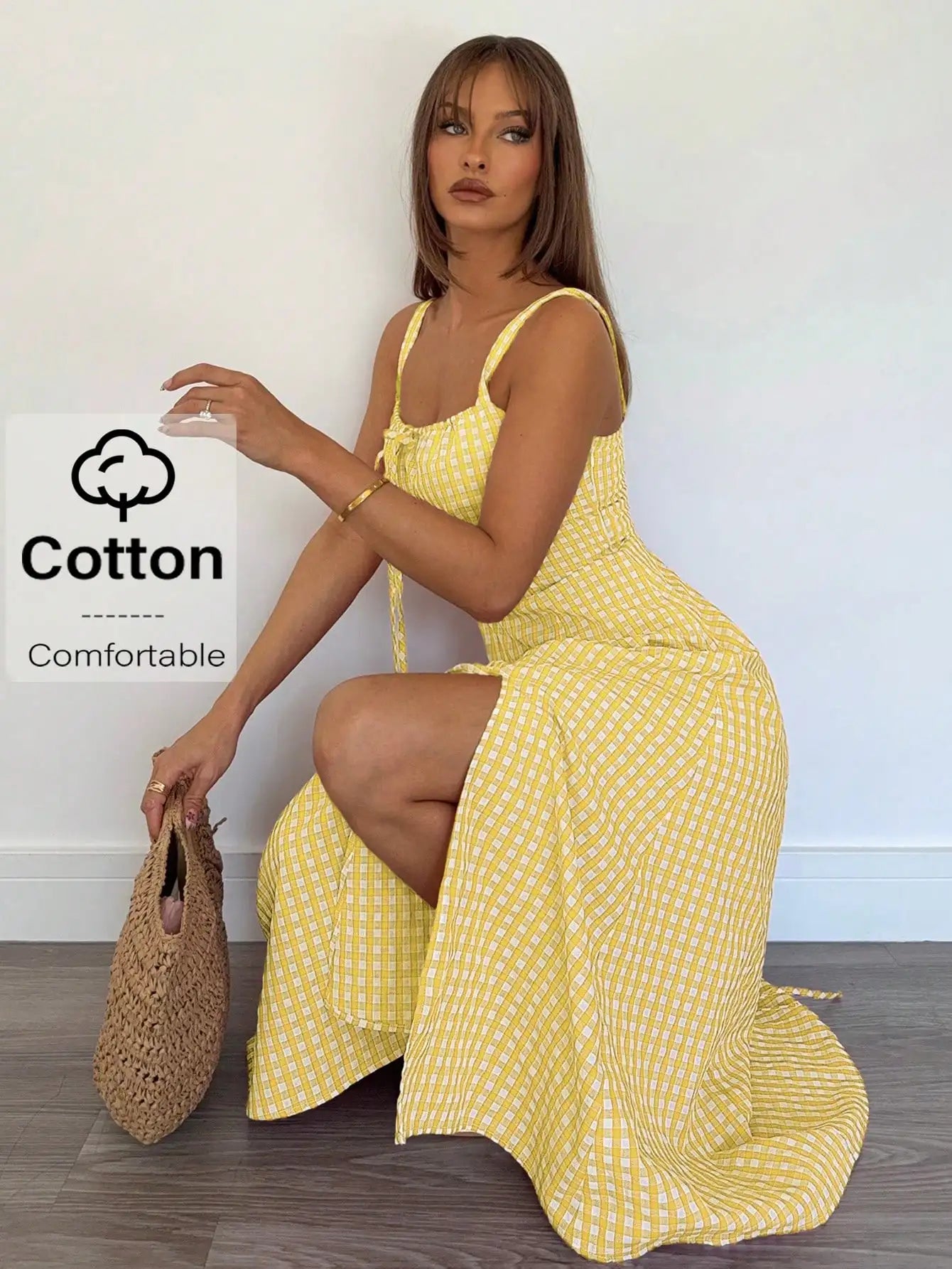 Red Gingham Women's Mid-Calf Dress with Spaghetti Straps, Casual Summer Style, Cotton Comfortable Fit