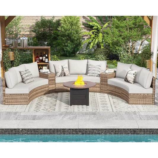 PaPaJet Patio Furniture Set, Half-Moon Wicker Sectional Sofa with Cushions, Waterproof Rattan Outdoor Conversation Set