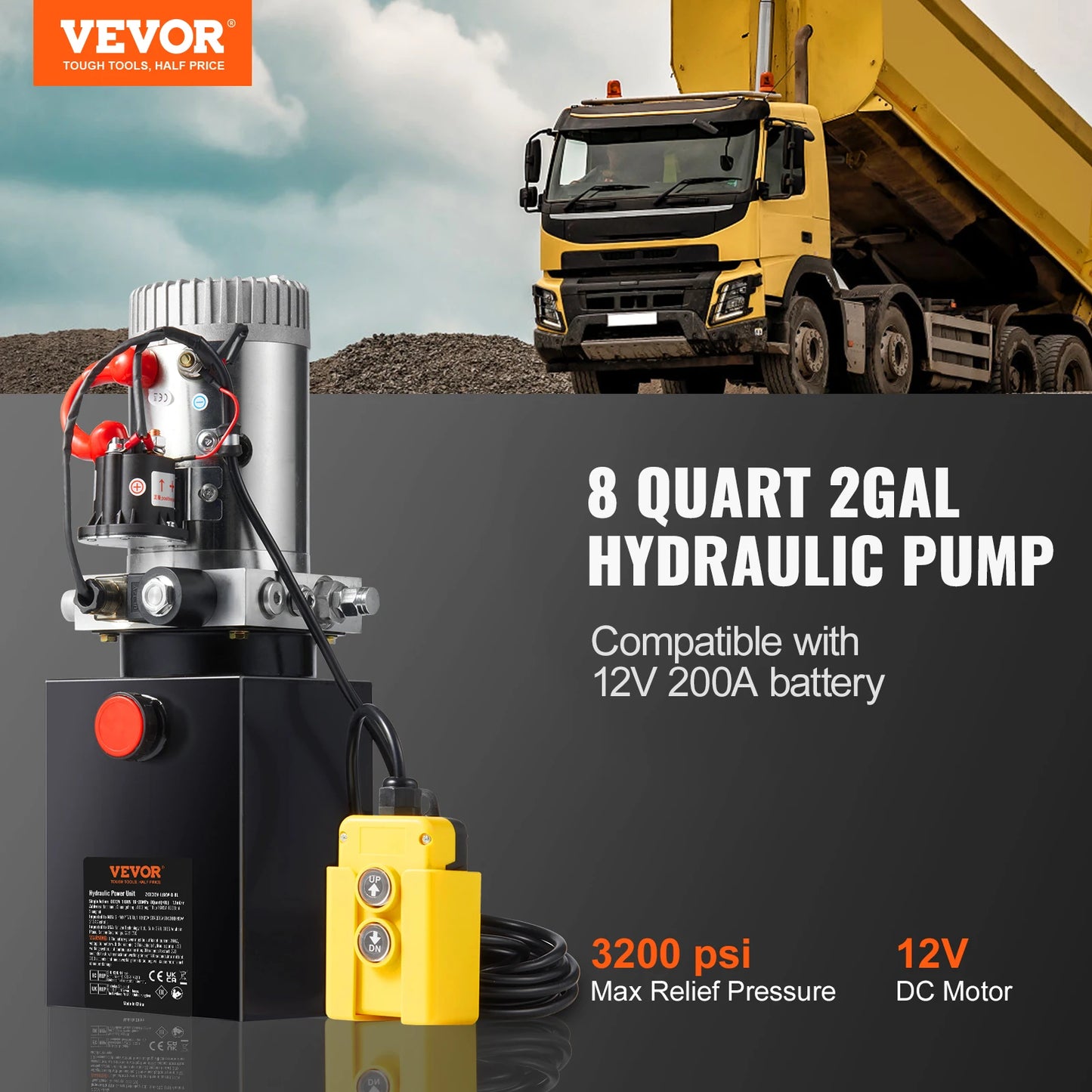 SucceBuy Hydraulic Pump 8 Quart Dump Trailer Pump Single Acting Hydraulic Power Unit 3200 PSI Max Relief Pressure