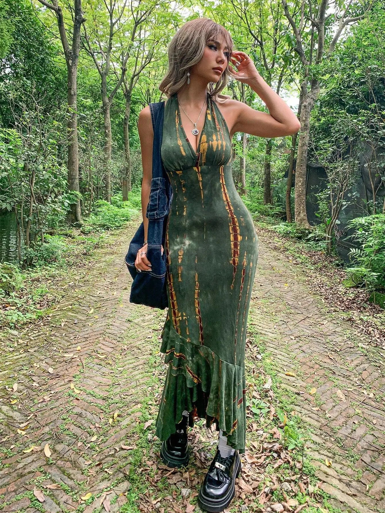 BWQ Women's Spring/Summer Y2K Tie Dyeing Neck Strap Backless Asymmetric Hem Bodycon Slimming Long Dress