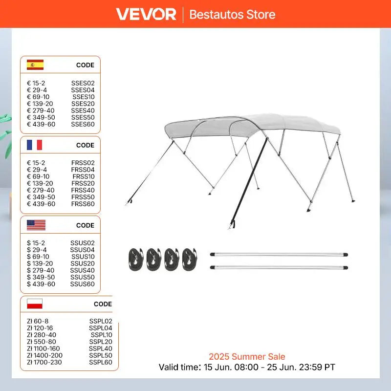 VEVOR 4 Bow Boat Bimini Tops 600D Polyester Canopy with Aluminum Alloy Frame Waterproof & Sun Shade Boat Awning Canopy Grey/Blue