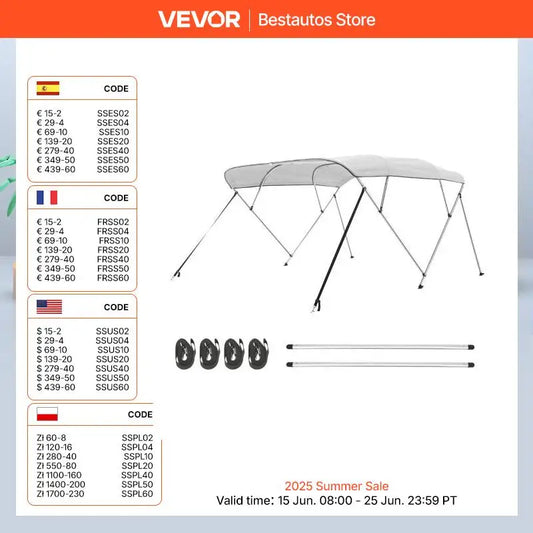 VEVOR 4 Bow Boat Bimini Tops 600D Polyester Canopy with Aluminum Alloy Frame Waterproof & Sun Shade Boat Awning Canopy Grey/Blue