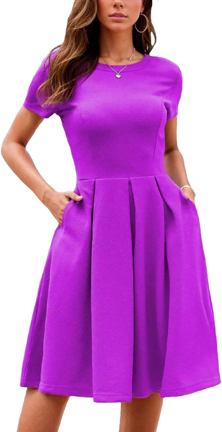 Red A-Line Short Sleeve Dress with Pockets for Women, Summer Party Church Bridesmaid Graduation Occasion