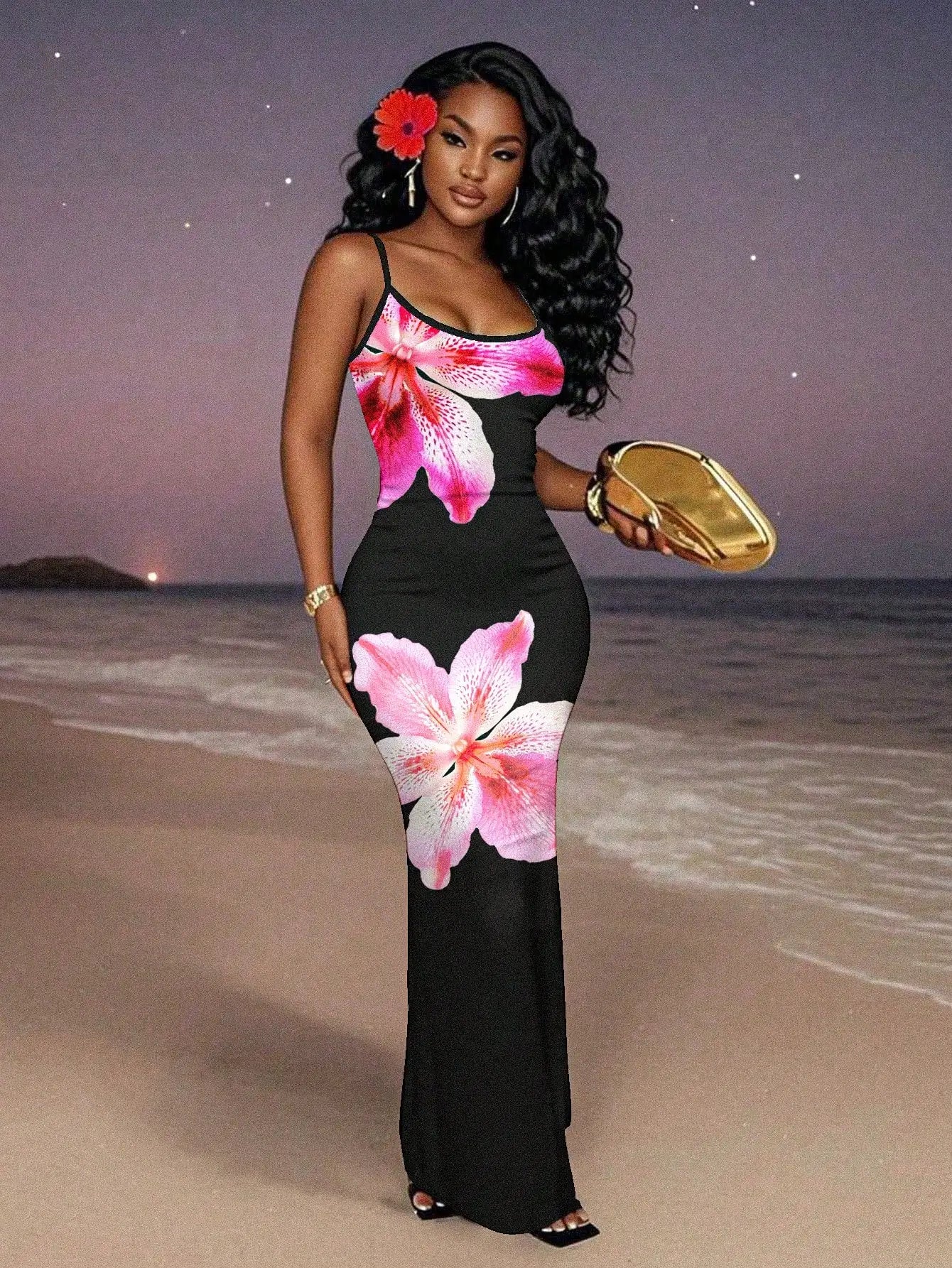 Black Red Floral Maxi Dress for Women, Sleeveless Elegant Evening Beach Vacation Dress