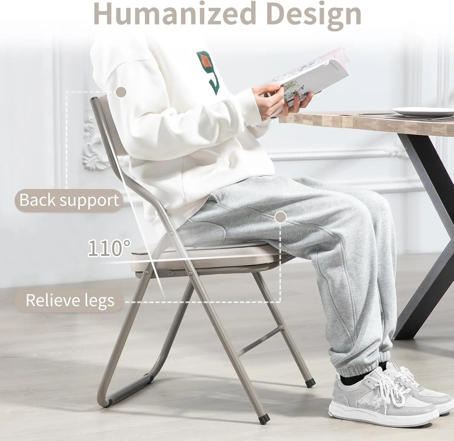 Padded Folding Chairs 4 Pack Foldable Dining Chair with Cushion Portable Extra Seat for Guests Kitchen Office Wedding Party Khaki