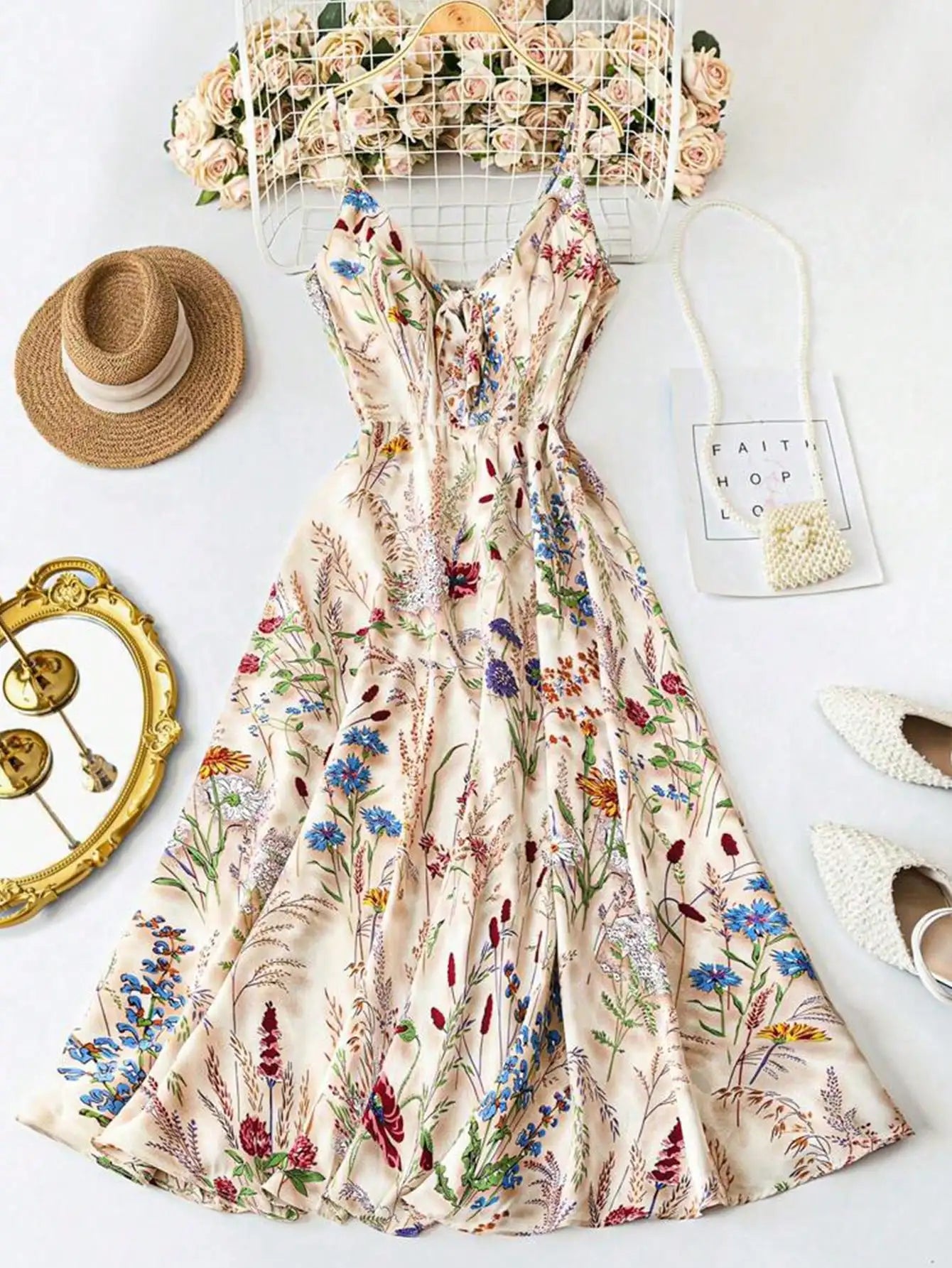 Women's Floral Print A-Line Dress with Spaghetti Straps and Tie Detail, Lightweight for Summer Vacation & Daily Wear