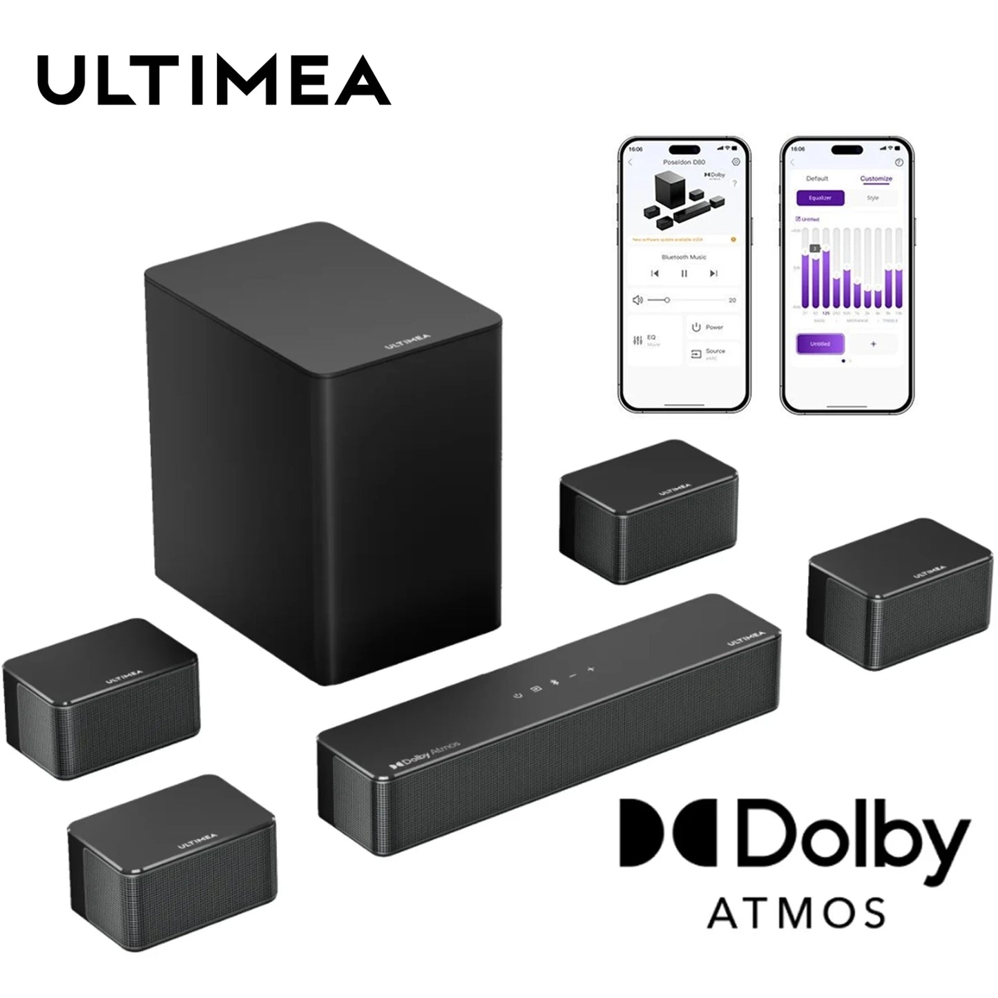 Ultimea 7.1 Soundbar with Dolby Atmos and App Control Home Theater Bluetooth Speaker with Wireless Subwoofer and 4 Surround Speakers
