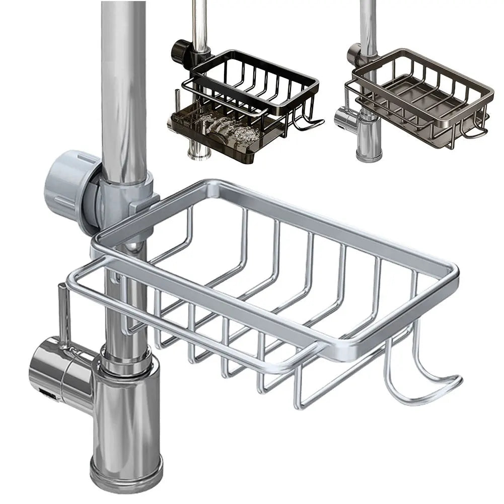 Kitchen Sink Faucet Organizer Detachable Sponge Holder Aluminum Dish Sponge Holder for Bathroom Scrubbers and Soap