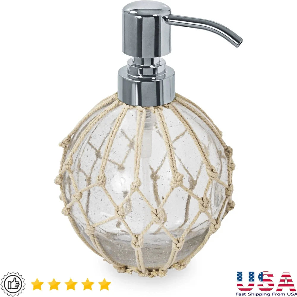 Nautical Glass Lotion Pump Bathroom Dispenser with Rope Accent Chrome Top Hand Soap Lotion Home Decor