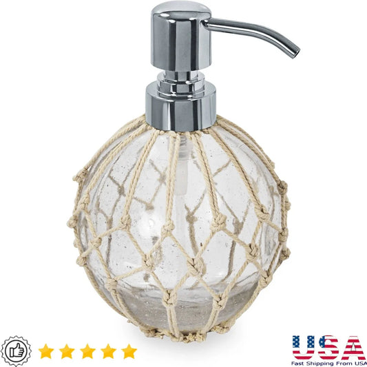 Nautical Glass Lotion Pump Bathroom Dispenser with Rope Accent Chrome Top Hand Soap Lotion Home Decor