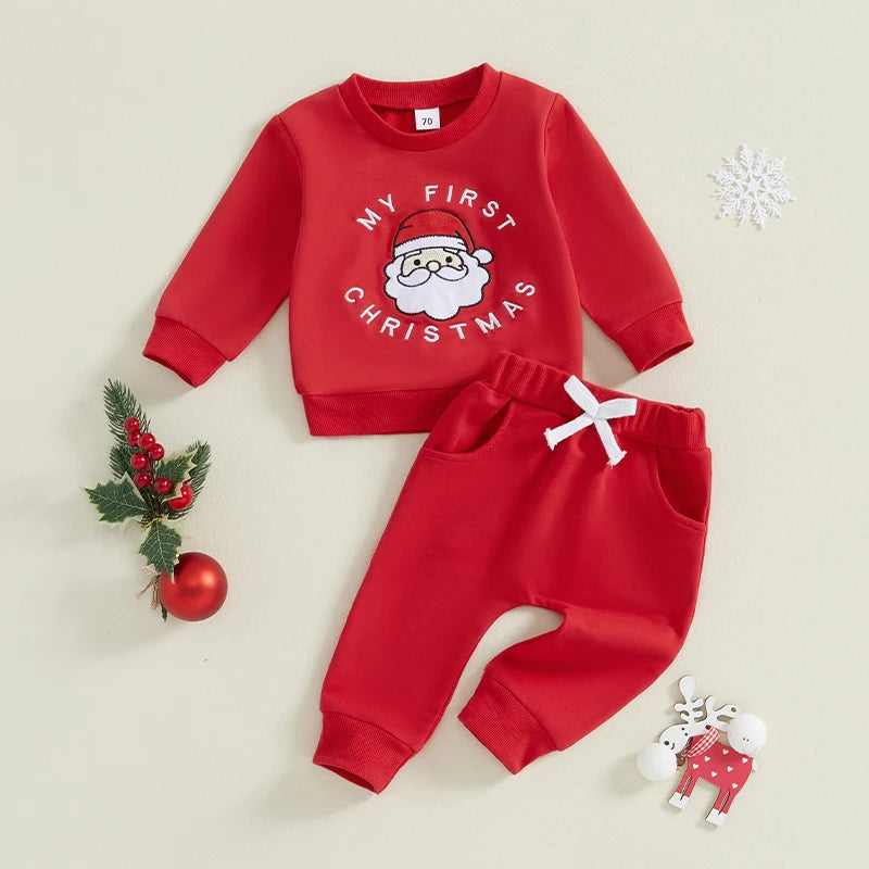 Toddler Girl Boy Christmas Outfits Santa Claus Letter Embroidery Long Sleeve Sweatshirt with Solid Pants Set