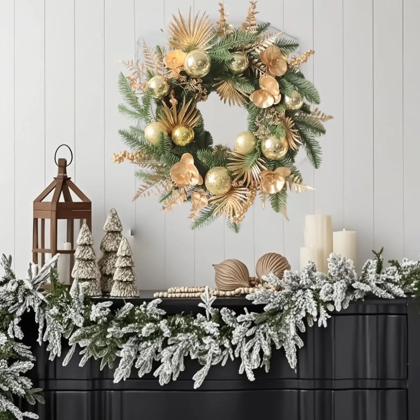 Christmas Wreath Outdoor 19 Inch Winter Christmas Decorations Golden Ball Pine Front Door Wreath for Wall Fireplace Bedroom
