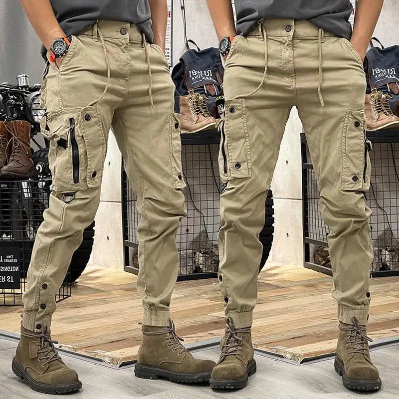 Fashionable men's slim fit work pants, casual loose zipper, multi pocket jogging pants, elastic leg binding pants