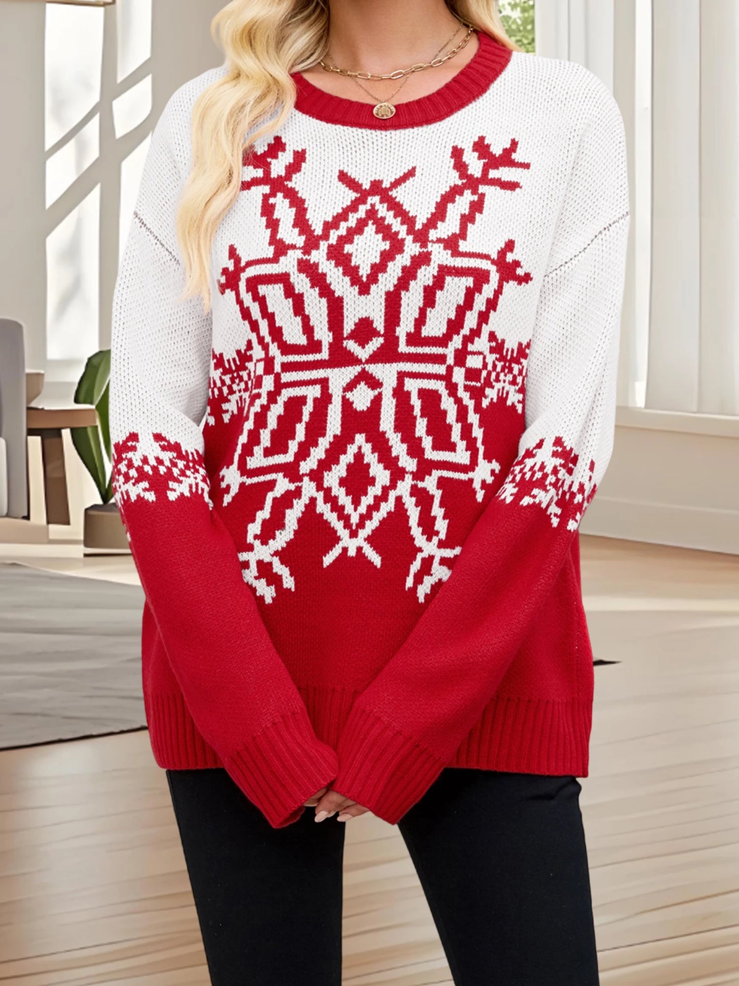Women s Winter Cozy Sweater Adorable Reindeer Patterned Long Sleeve Crew Neck Knit Jumper Holiday Pullover