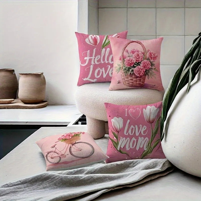4 Floral Bicycle Pillowcases for Mother's Day - "Hello Love" and "I Love Mom" designs, perfect for sofas and home décor.