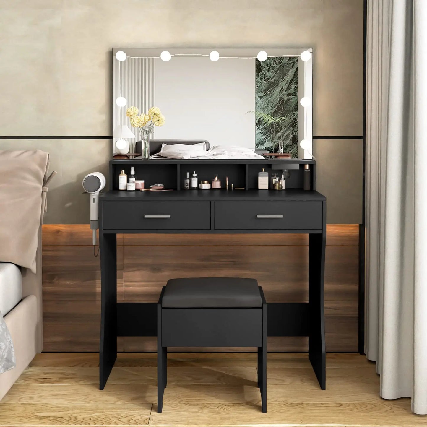 Vabches Vanity Desk with Lights Mirror Makeup Vanity Table and Power Outlet 2 Drawer Set with Chair Wooden Dressing Table