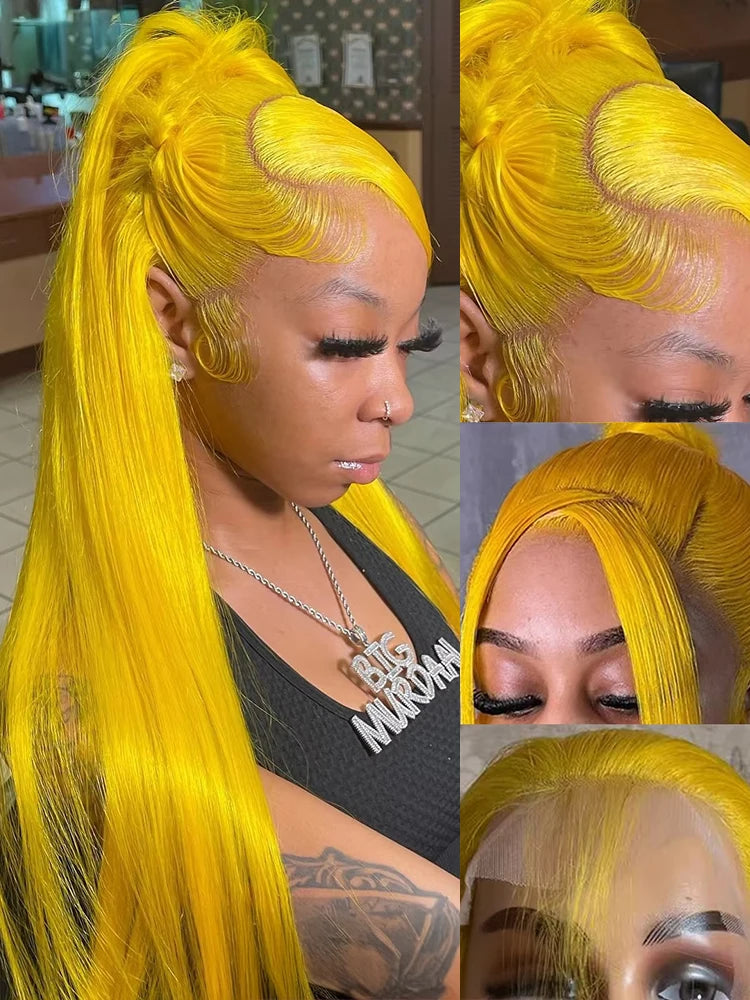 Bright Lemon Yellow 13x4 13x6 Transparent HD Lace Frontal Wig Brazilian 100 Percent Raw Human Hair Bone Straight Cosplay Wig