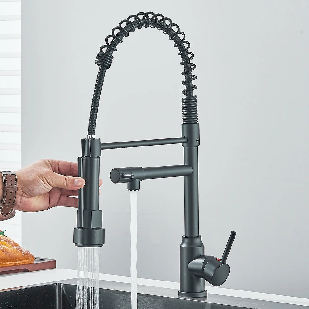 Pull Down Spring Kitchen Faucet Single Lever Hot Cold Mixer Water Dual Spout Nozzle Stainless Steel