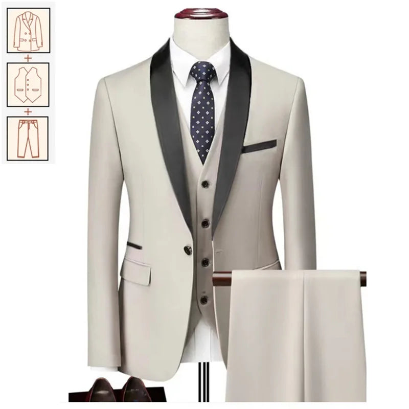 Men's Suits 2/3pcs Mens Business Suit Notch Lapel Blazer Formal Wedding Groom Pants Tux Vest Tuxedos (Blazer+vest+Pants)