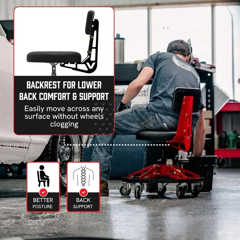 Robust Steel Sport Shop Chair for Mechanics, Automotive, DIY - 300 lb Capacity Garage Stool with Backrest and Large Wheels