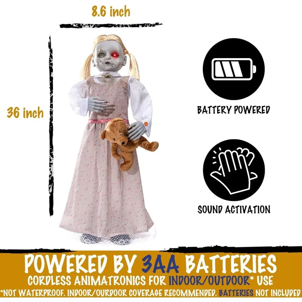 36 Inch Animated Halloween Doll Decorations with Sound Activation Scary Sounds Glowing Eyes and Horror Props
