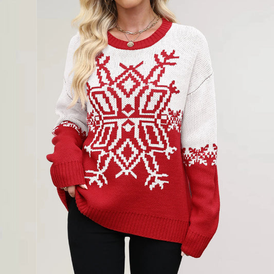 Women'S Fashionable Round Neck Long Sleeved Christmas Snowflake Sweater Casual Pullover Knitted Sweater Top Ropa De Mujer
