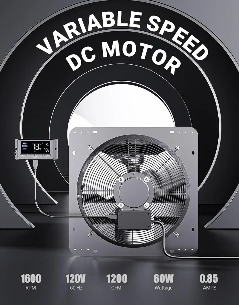 14" Wall Mounted Shutter Exhaust Fan, Automatic Shutter, Temperature and Humidity Controls with Variable Speed, 1200 CFM