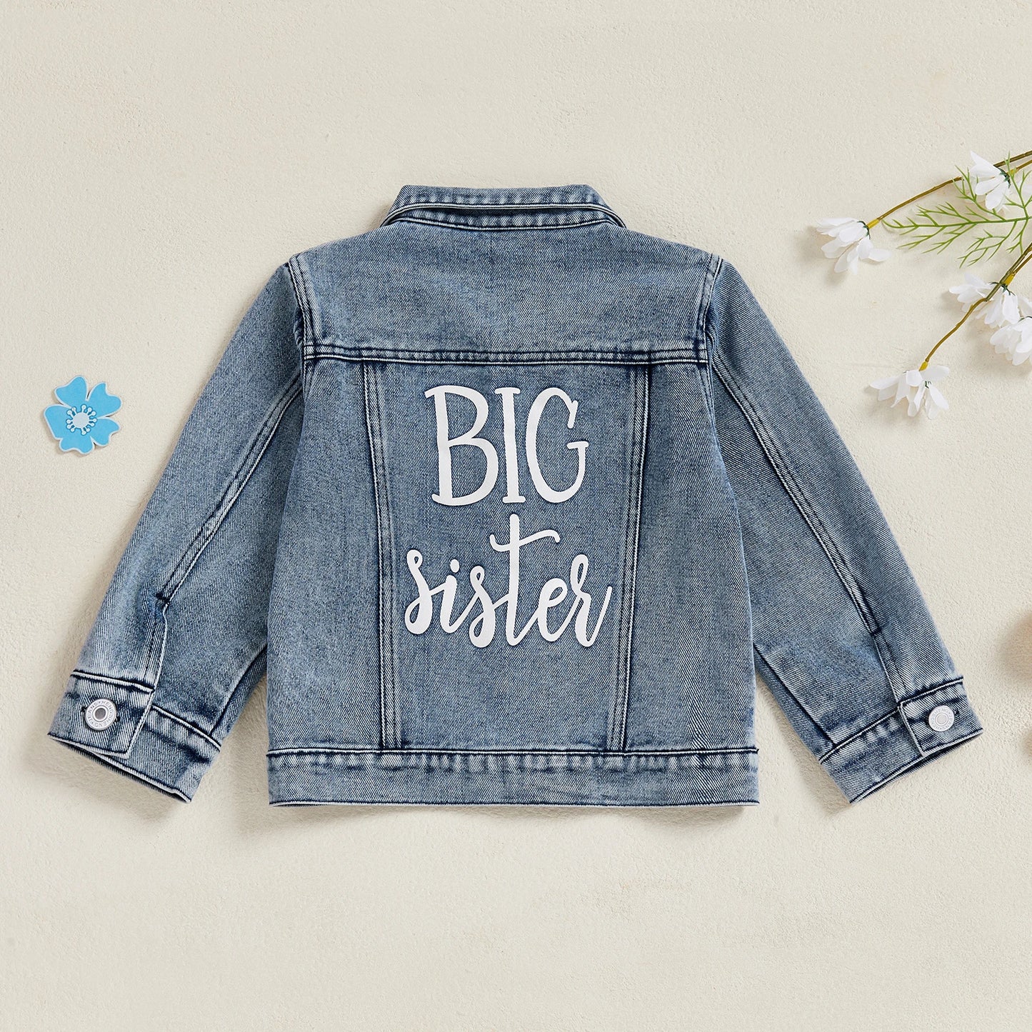 Toddler Little Girl Denim Jacket Back Letter Print Collared Long Sleeve Button-up Jean Fall Tops