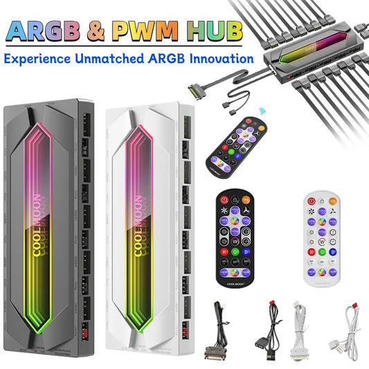 ARGB and PWM Hub Fan Hub Splitter with Remote SATA Power Supply Cable ARGB Controller Kit for PC Case