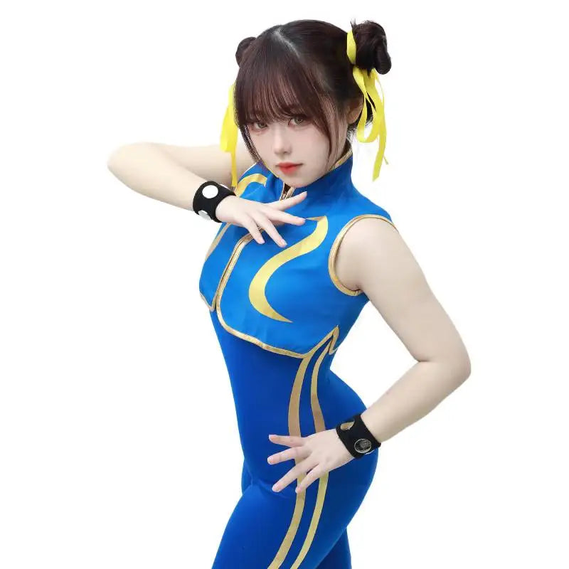 Dazcos Chun Li Cosplay Costume Women's Blue Cheongsam Halloween Fighter Bodysuit with Bracelet and Hair Ties