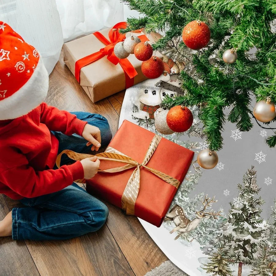 Snowman Christmas Tree Skirt 36 Inch Reindeer Snowflakes Xmas Tree Decorations for Winter Holiday Party Home Decor Indoor Outdo