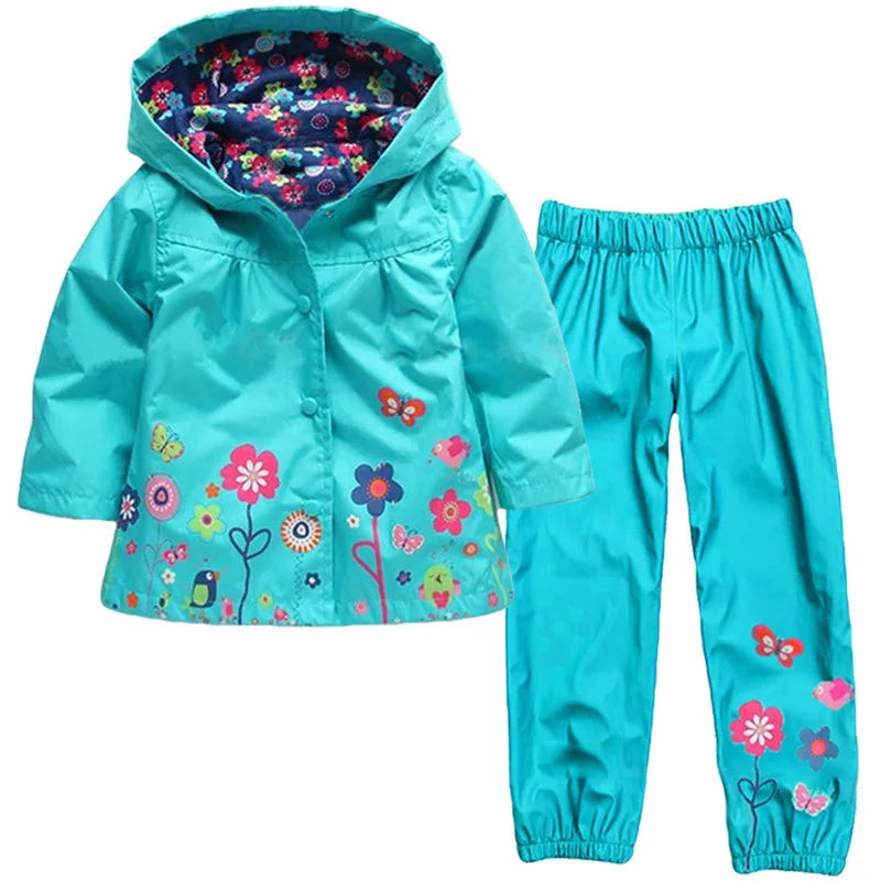 Autumn Spring Children Waterproof Long Sleeve Coat+Pants 2pcs Flower Print Baby Girls Clothes Toddler Boys Children Sets Costume