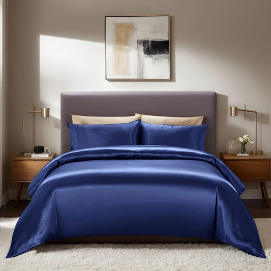 3 Piece Quilt Set Super Soft Silky Satin Hotel Collection with Zipper Closure Quilt Cover and 2 Pillowcases Navy California King