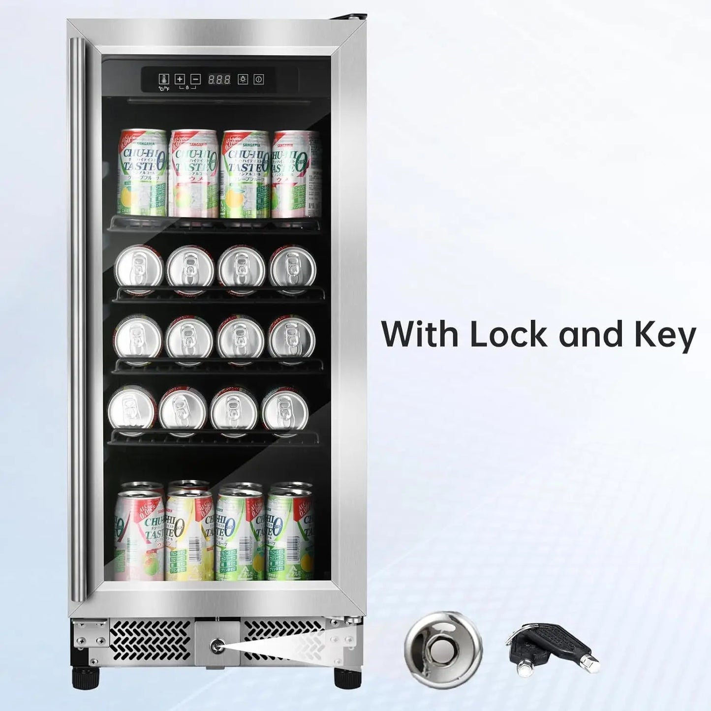 15 Inch Refrigerator with Lock and Glass Door 78 Cans Under Counter Drink Cooler Fridge for Beer and Soda