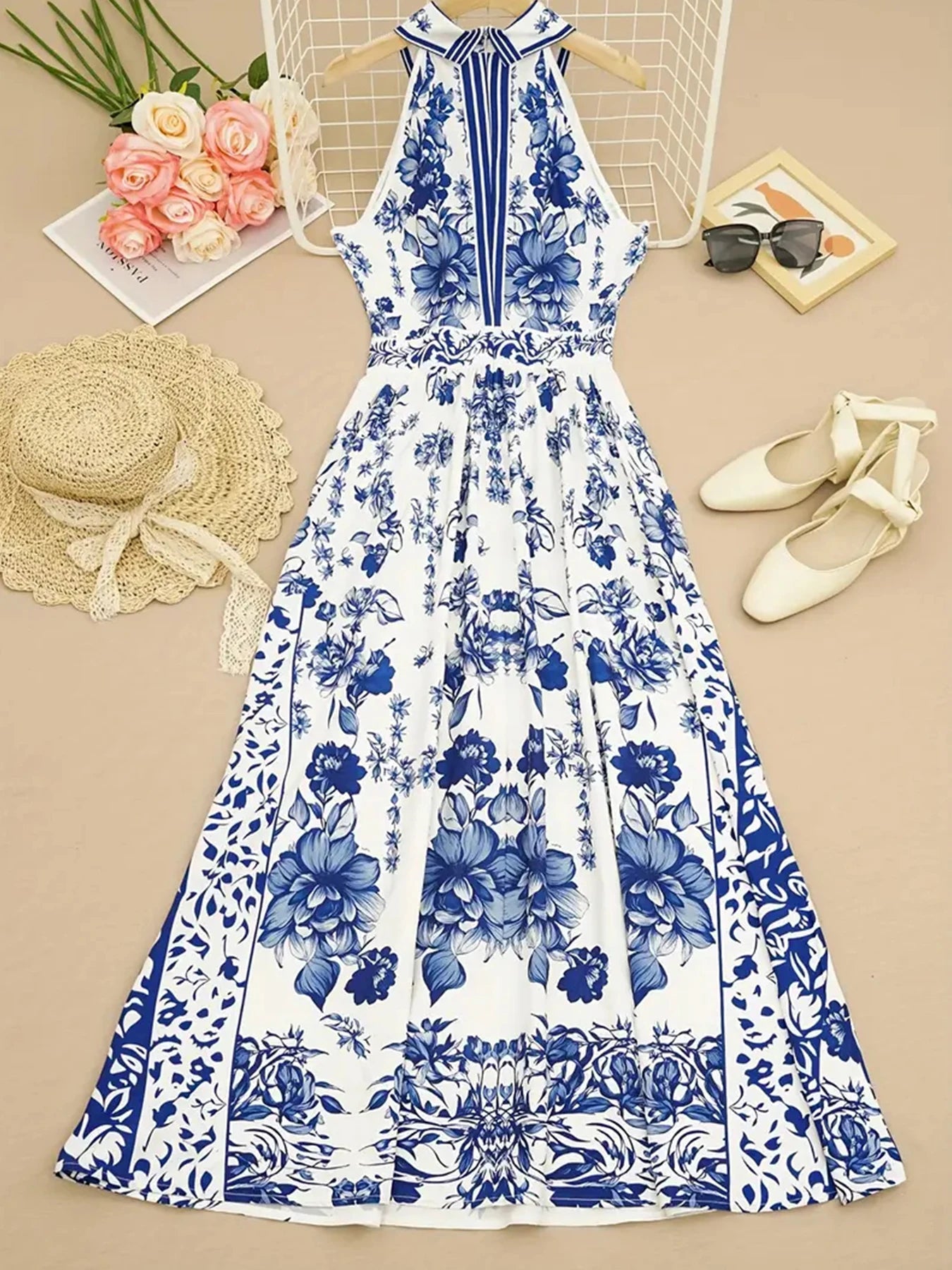 2025 New Blue and White Floral Print Women's Long A-Line Dress, Open Chest Collar and Waist-Cinching Elegant Dress