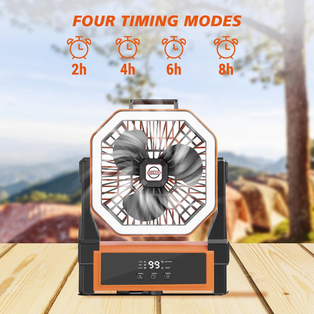 20000mAh USB Rechargeable Camping Fan 4 Speeds 360 Degree Hanging Hook Fan with LED Lights Remote Control for Outdoor Use